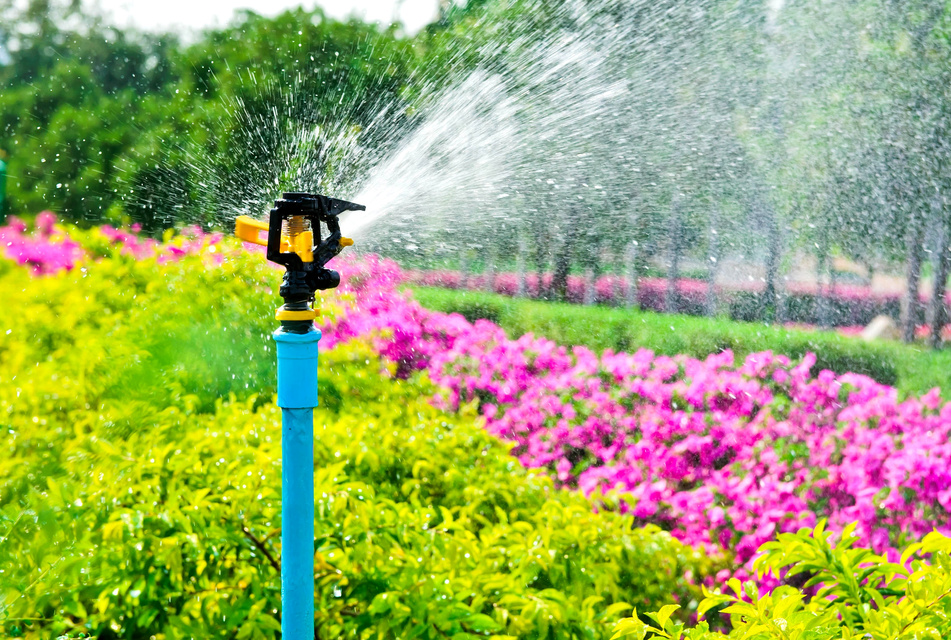 Garden irrigation system watering lawn